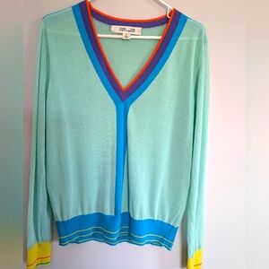 DVF Colorblock V Neck Cotton Sweater Size MED